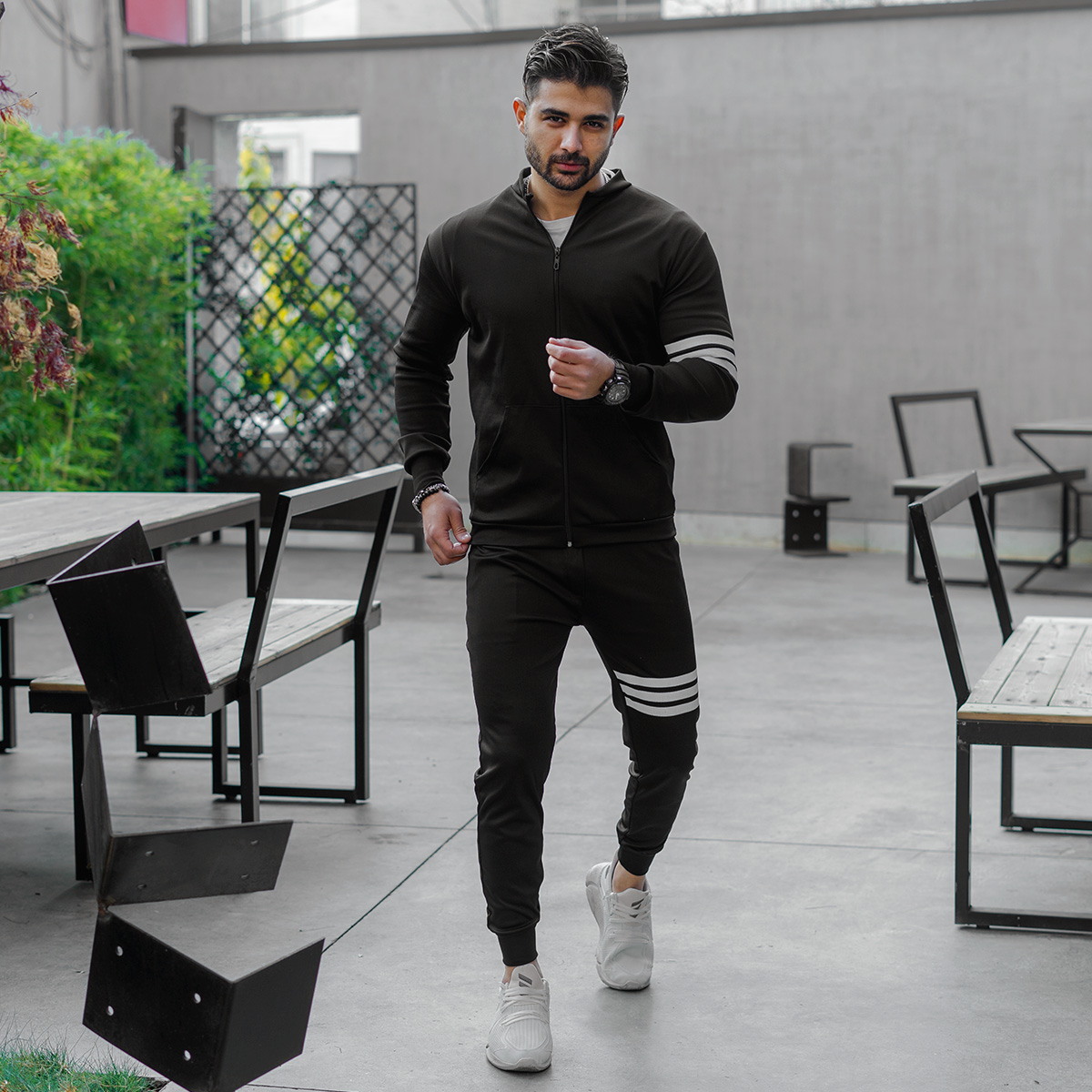 ست سوییشرت شلوار مردانه مشکی خط دار مدلTAKTA