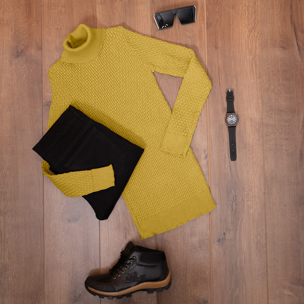 پلیور یقه اسکی مردانه خردلی مدل Oktav