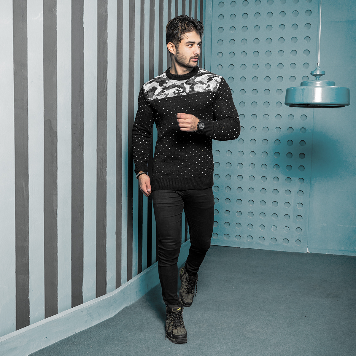 پلیور بافت مردانه مشکی طرح چریکی مدلLando