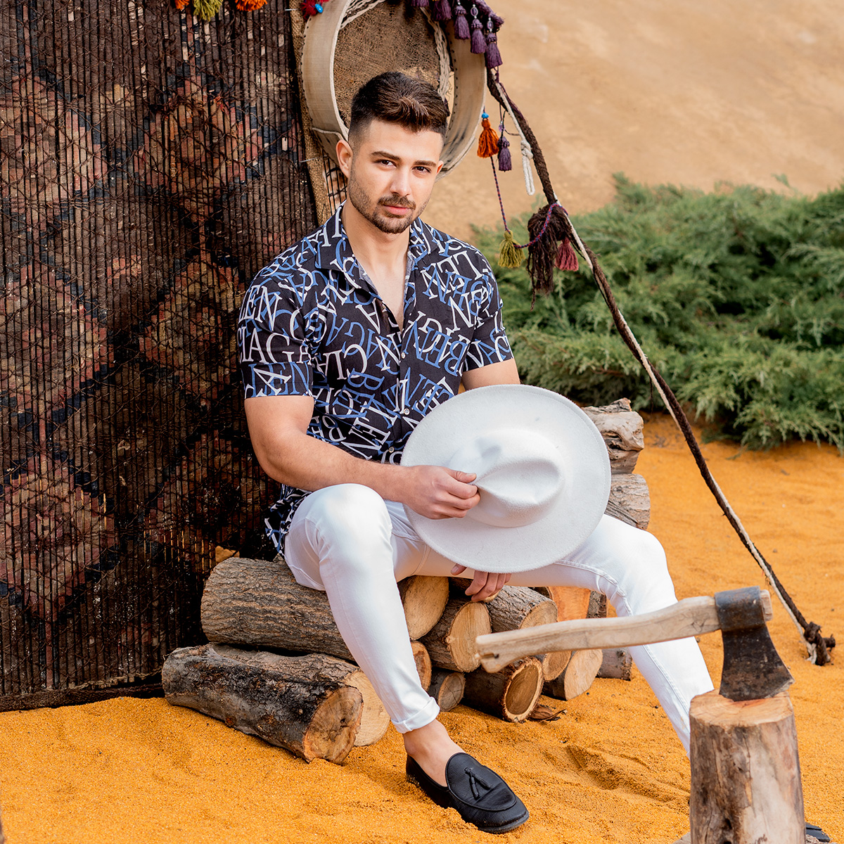 پیراهن هاوایی مردانه مشکی آبی مدل ABC