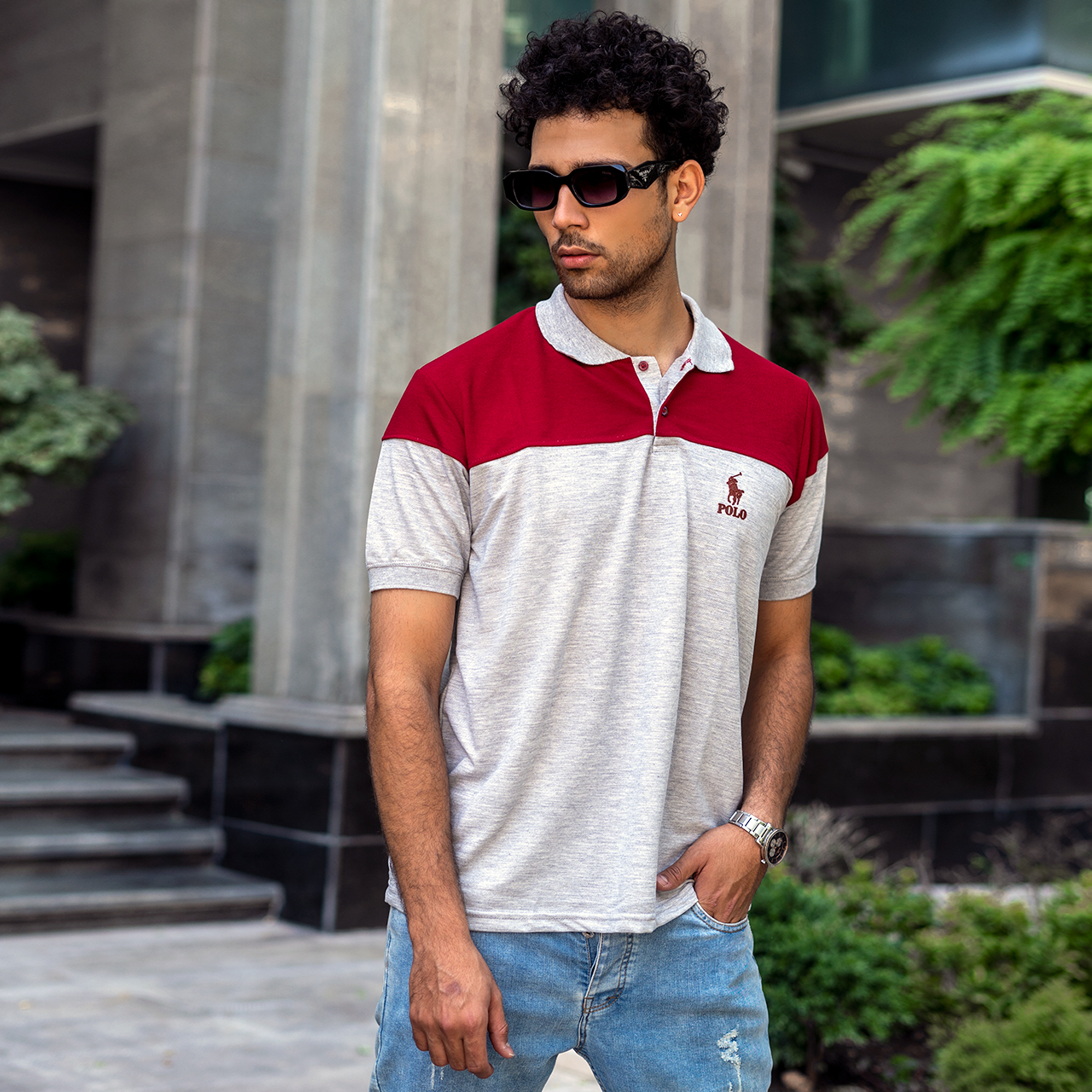 تیشرت مردانه POLO طوسی- زرشکی مردانه Mazyar