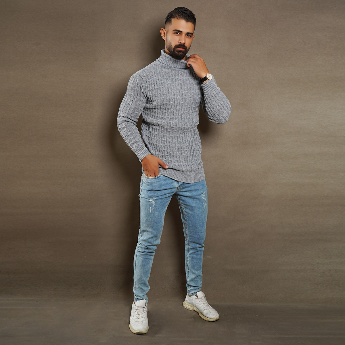 پلیوربافت مردانه طوسی یقه اسکی مدل Arad