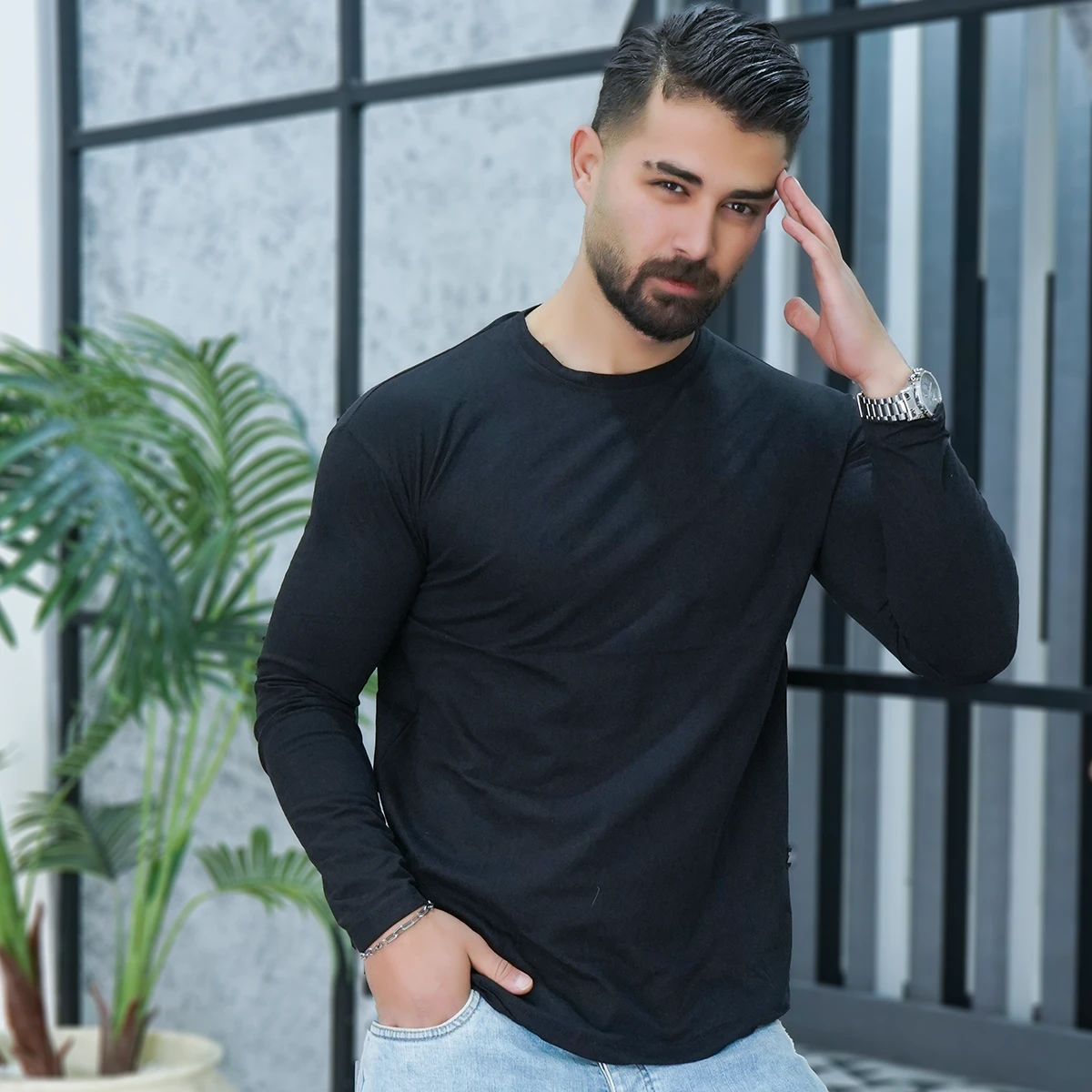 تیشرت آستین بلند مشکی مردانه مدل Vala